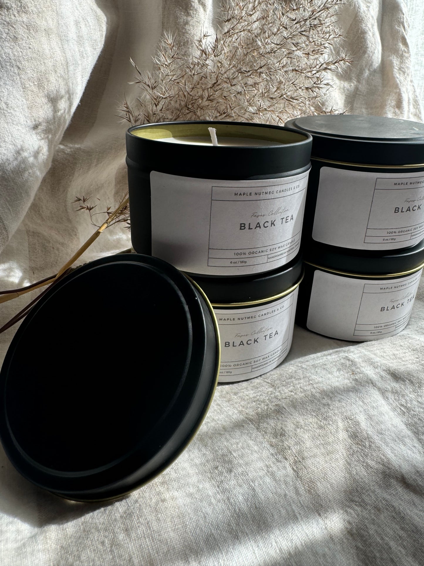 Brontë Handmade Black Tea Scented Soy Candle in Matte Black Metal Container