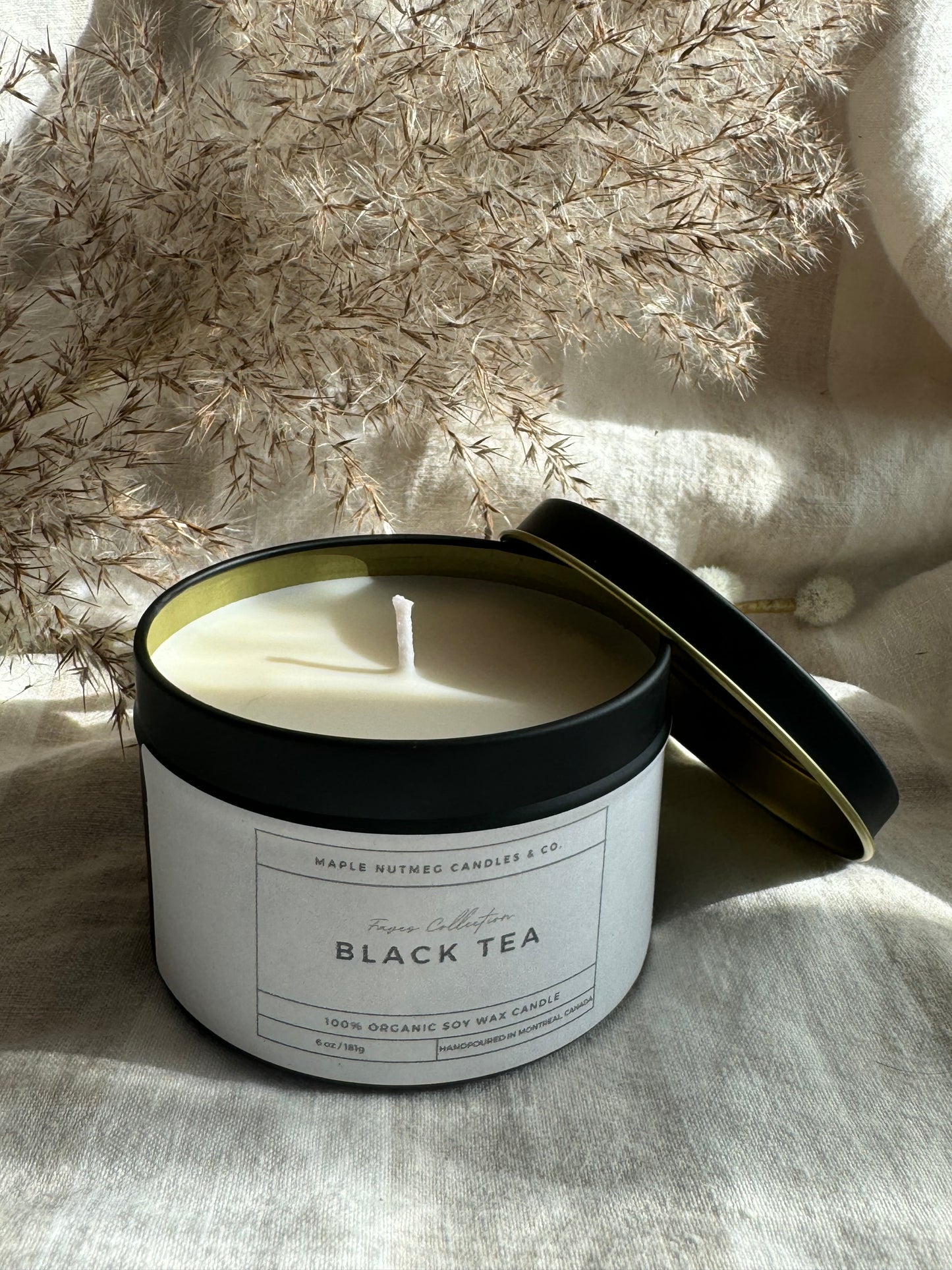 Brontë Handmade Black Tea Scented Soy Candle in Matte Black Metal Container