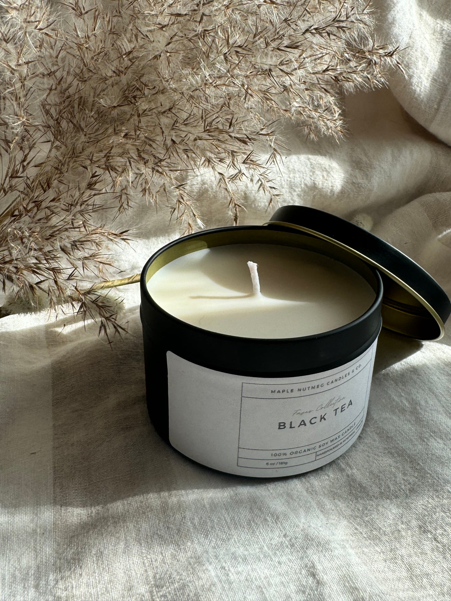 Brontë Handmade Black Tea Scented Soy Candle in Matte Black Metal Container