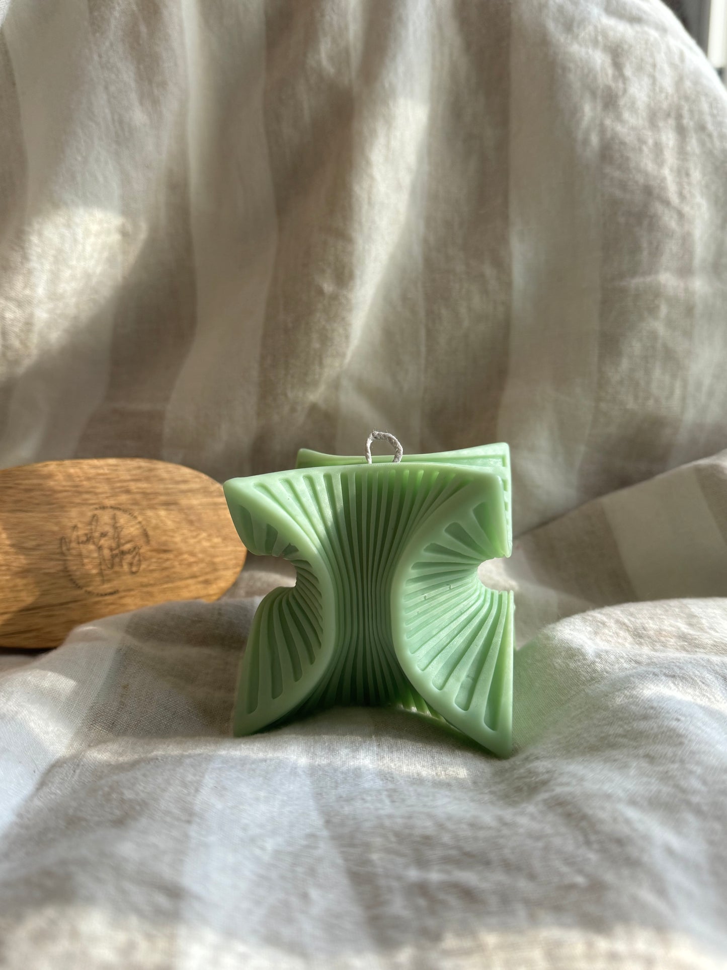 Sculptural Handmade Eucalyptus Mint Scented Soy Candle Light Green