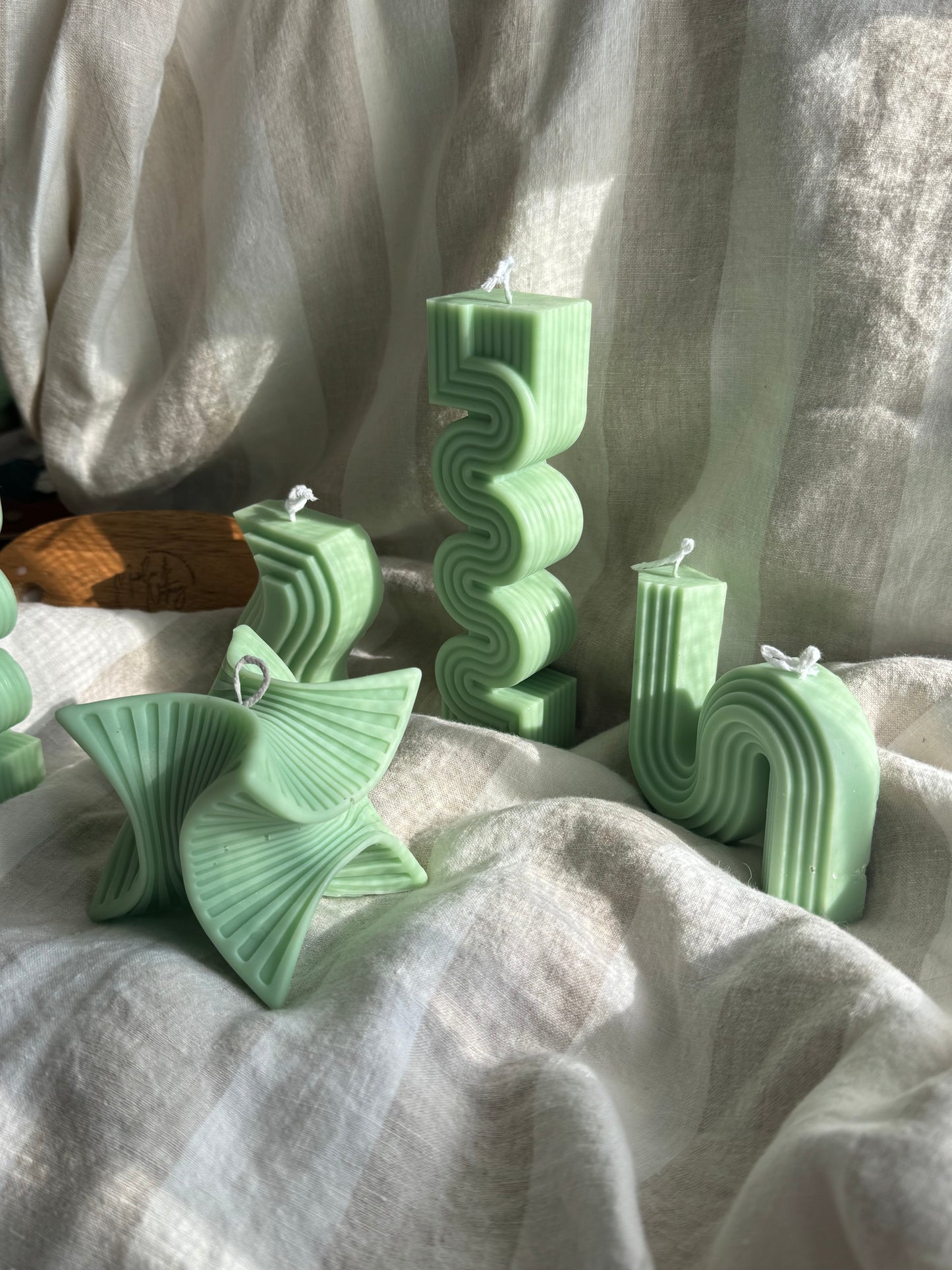 Sculptural Handmade Eucalyptus Mint Scented Soy Candle Light Green