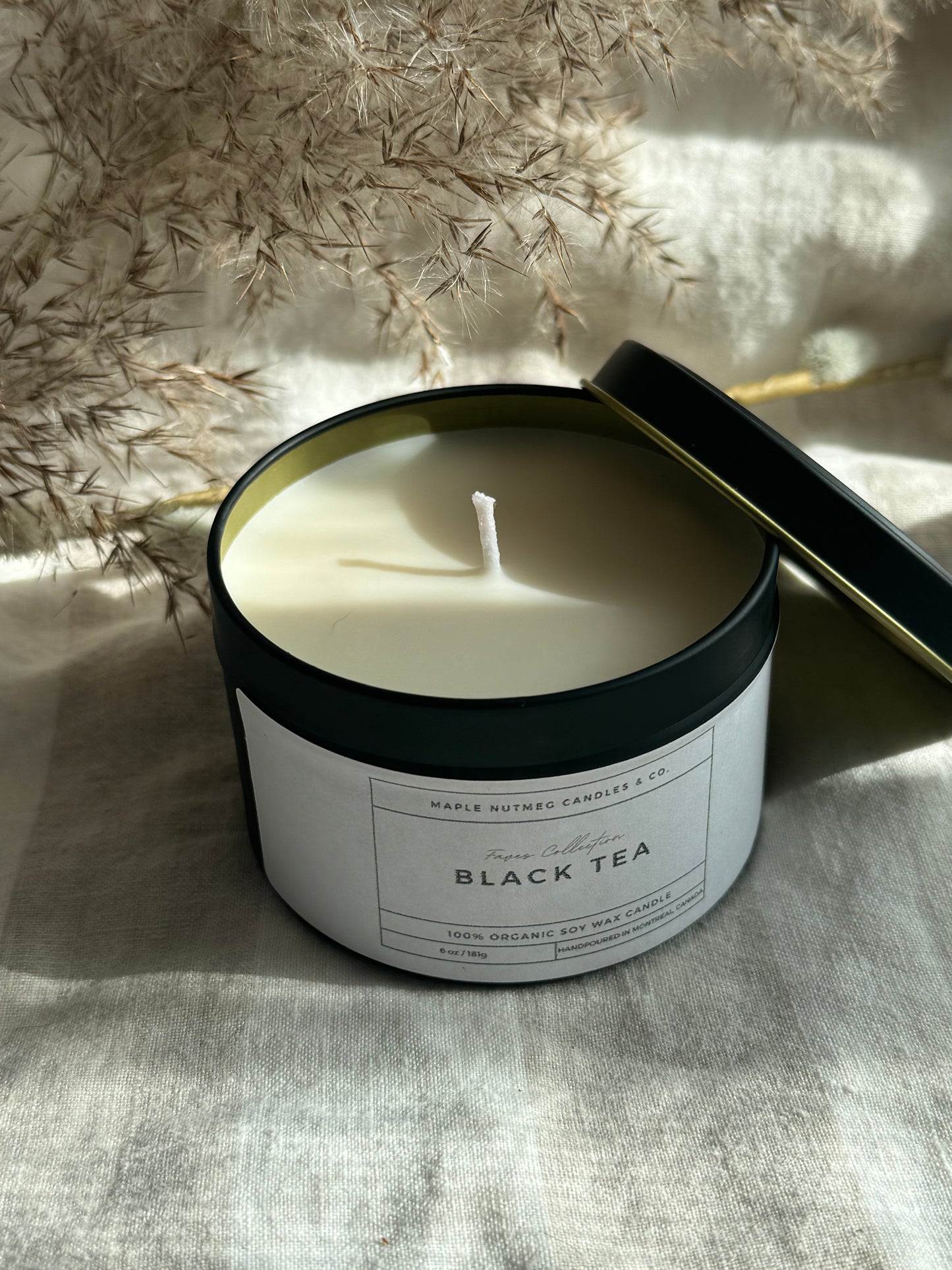 Brontë Handmade Black Tea Scented Soy Candle in Matte Black Metal Container