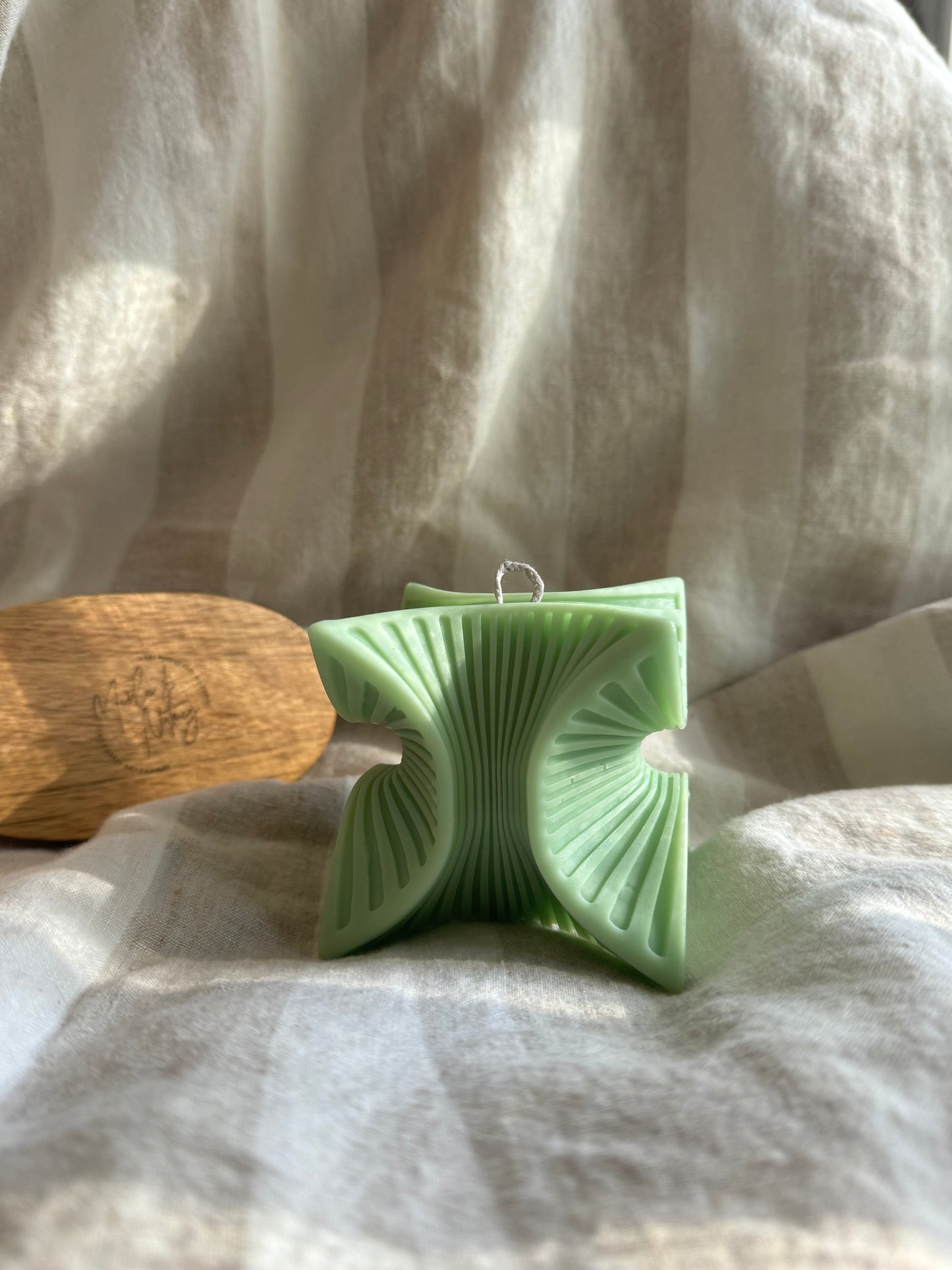 Sculptural Handmade Eucalyptus Mint Scented Soy Candle Light Green