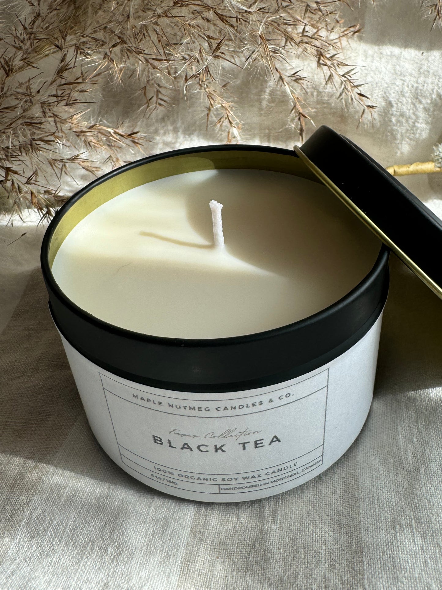 Brontë Handmade Black Tea Scented Soy Candle in Matte Black Metal Container