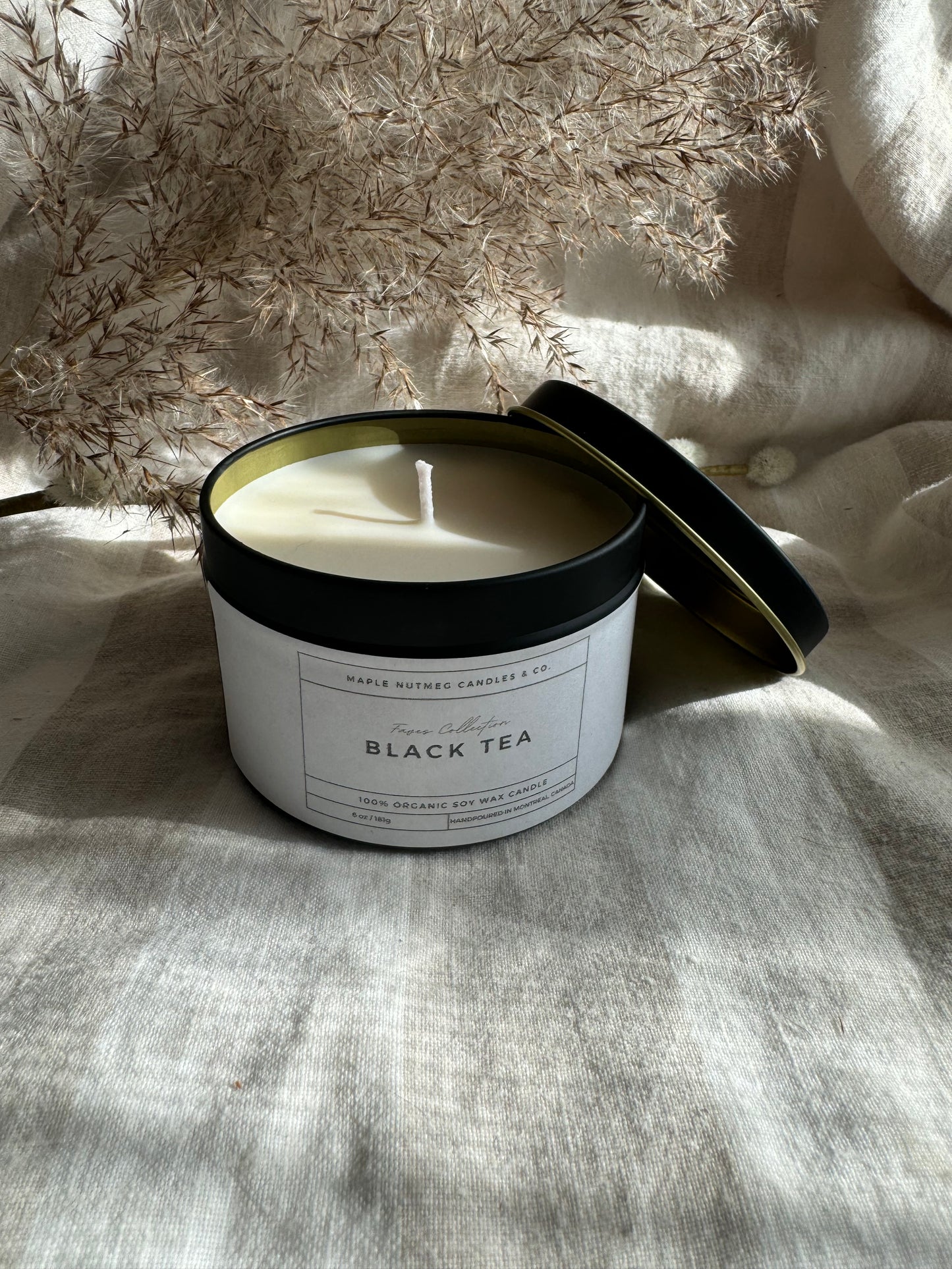 Brontë Handmade Black Tea Scented Soy Candle in Matte Black Metal Container