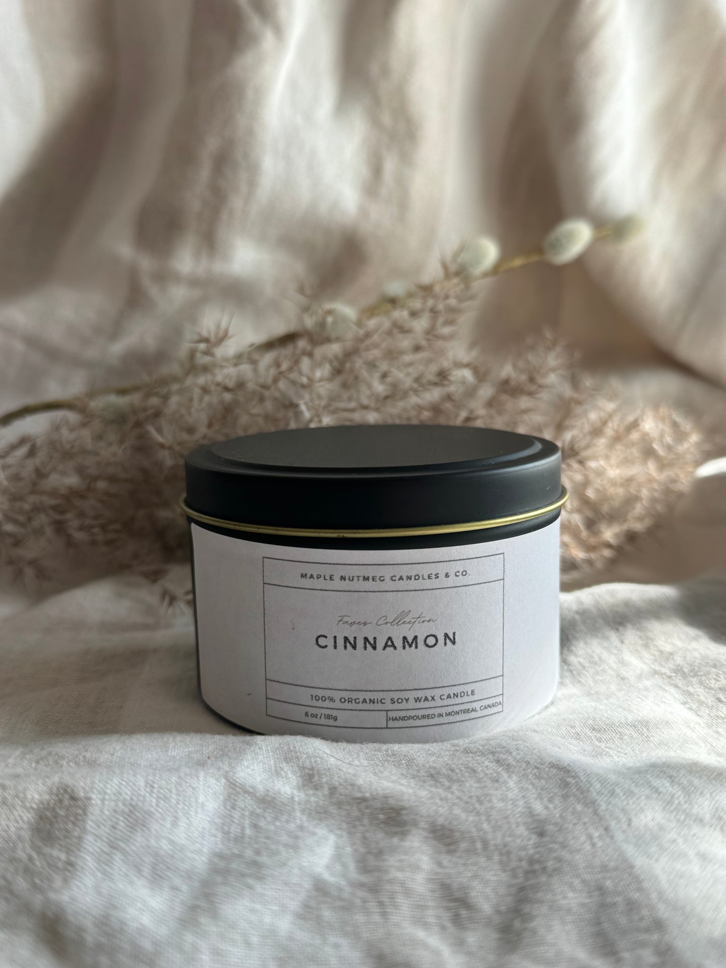 Brontë Handmade Cinnamon Scented Soy Candle in Matte Black Metal Container