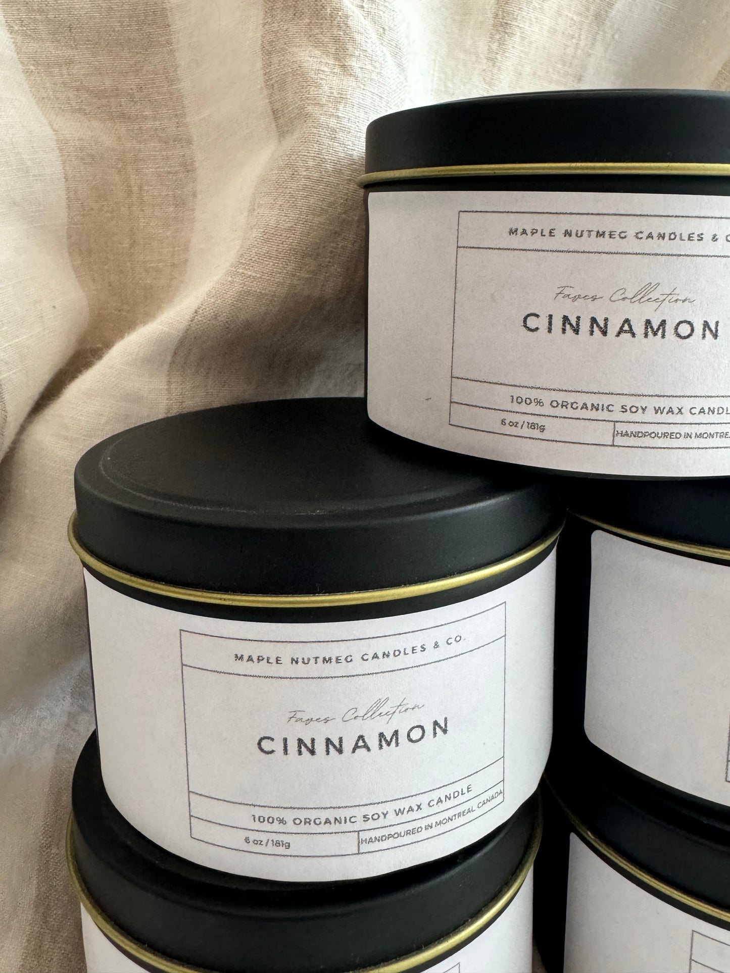 Brontë Handmade Cinnamon Scented Soy Candle in Matte Black Metal Container